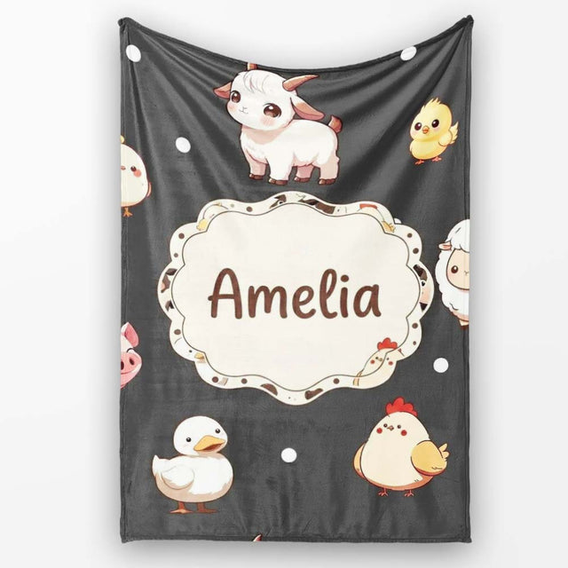 Cute Farm Animals Cow Goat Pig Chicken Dark Seamless Pattern Name  Personalised Custom Name Super Soft Fleece Blanket Bed Sofa Throw