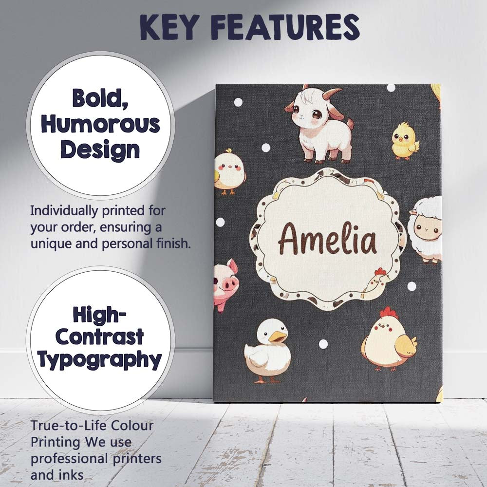 Personalised Name Cute Farm Animals Cow Custom  Modern Room Accent Elegant Feature Canvas Wall Art Print Decor Picture Ready to Hang