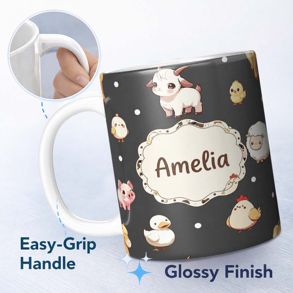 Personalized Custom Name Cute Farm Animals Cow Goat Pig Chicken Dark Seamless Pattern Name 11oz Ceramic Coffee Tea Mug White Large Handle