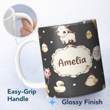 Personalized Custom Name Cute Farm Animals Cow Goat Pig Chicken Dark Seamless Pattern Name 11oz Ceramic Coffee Tea Mug White Large Handle