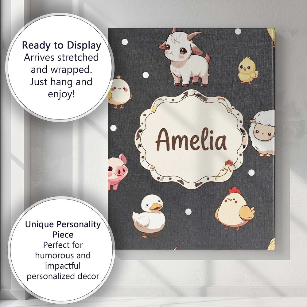 Personalised Name Cute Farm Animals Cow Custom  Modern Room Accent Elegant Feature Canvas Wall Art Print Decor Picture Ready to Hang