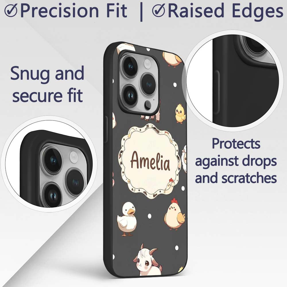 Cute Farm Animals Cow Goat Pig Printed Design Custom Name Protective Phone Case Mobile Cover Durable Everyday Smartphone Shock Resistant
