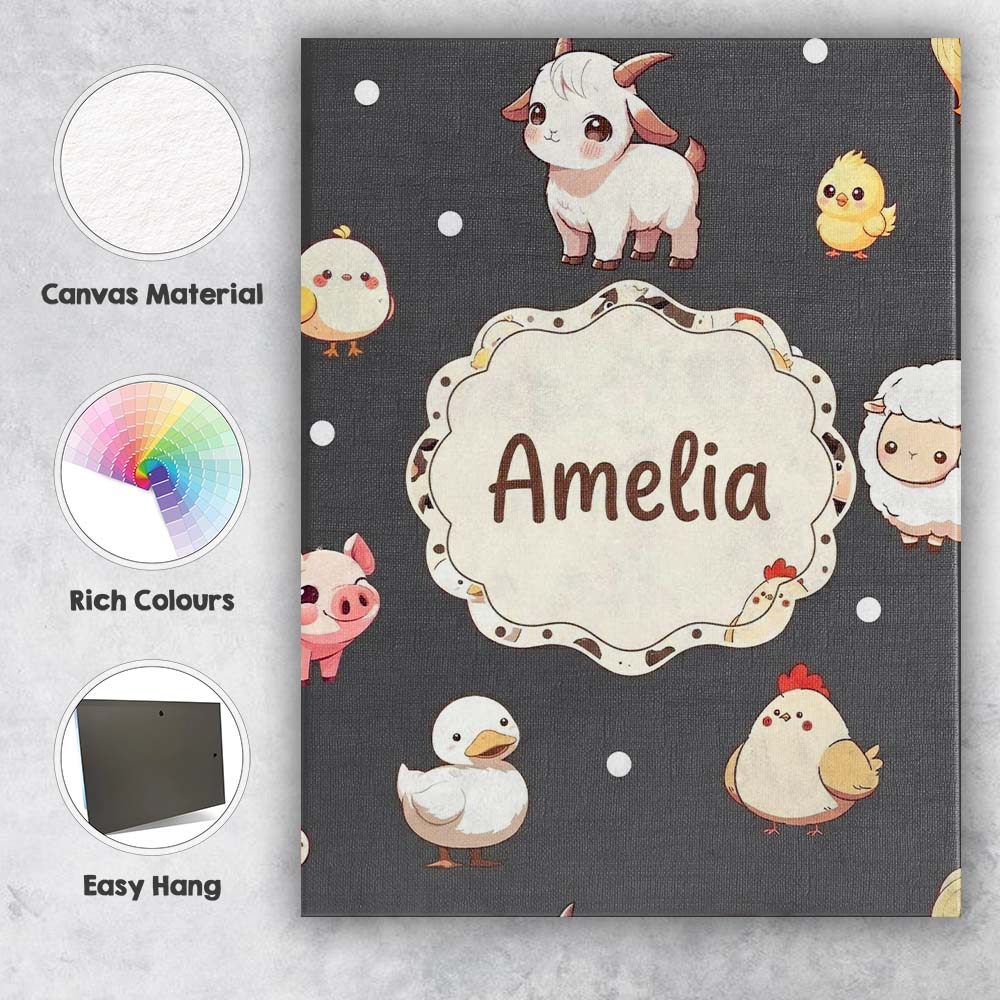 Personalised Name Cute Farm Animals Cow Custom  Modern Room Accent Elegant Feature Canvas Wall Art Print Decor Picture Ready to Hang