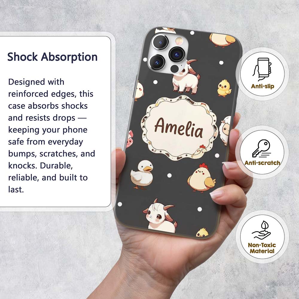 Cute Farm Animals Cow Goat Pig Printed Design Custom Name Protective Phone Case Mobile Cover Durable Everyday Smartphone Shock Resistant