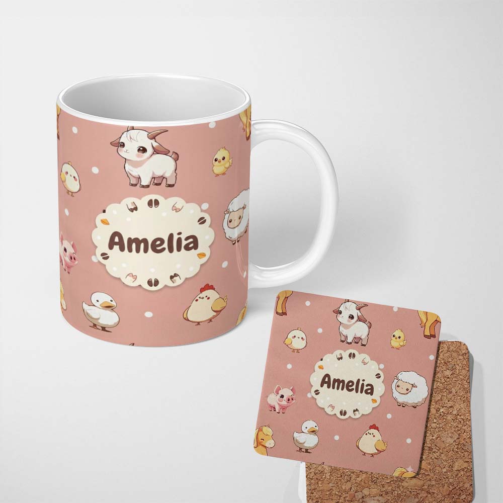 Personalized Custom Name Cute Farm Animals Cow Goat Pig Chicken Peach Seamless Pattern Name 11oz Ceramic Coffee Tea Mug White Large Handle