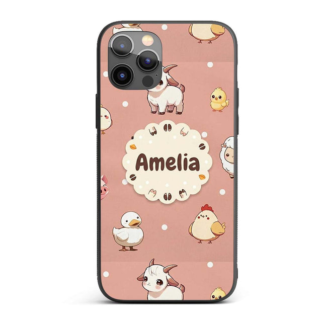 Cute Farm Animals Cow Goat Pig Chicken Peach Custom Name Protective Phone Case Mobile Cover Durable Everyday Smartphone Shock Resistant