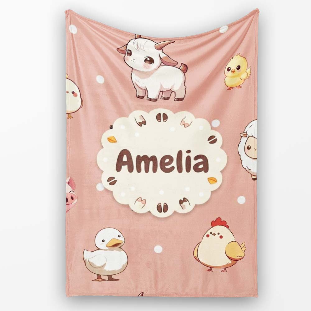 Cute Farm Animals Cow Goat Pig Chicken Peach Seamless Pattern Name  Personalised Custom Name Super Soft Fleece Blanket Bed Sofa Throw