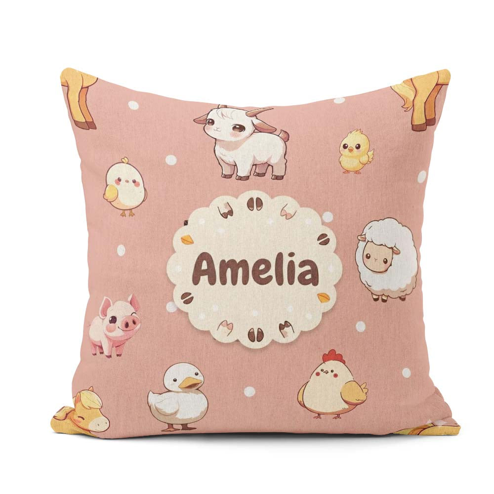 Custom Name Farm Animals Cow Goat Pig Chicken Peach Pattern Name Square Filled Cushion Throw Pillow Sofa Bed Home Decor Zip Washable UK Made