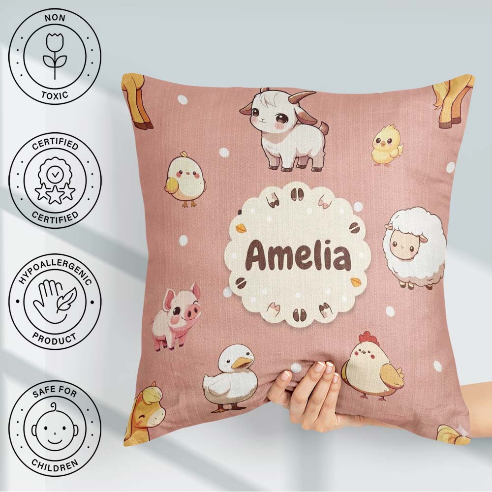 Custom Name Farm Animals Cow Goat Pig Chicken Peach Pattern Name Square Filled Cushion Throw Pillow Sofa Bed Home Decor Zip Washable UK Made