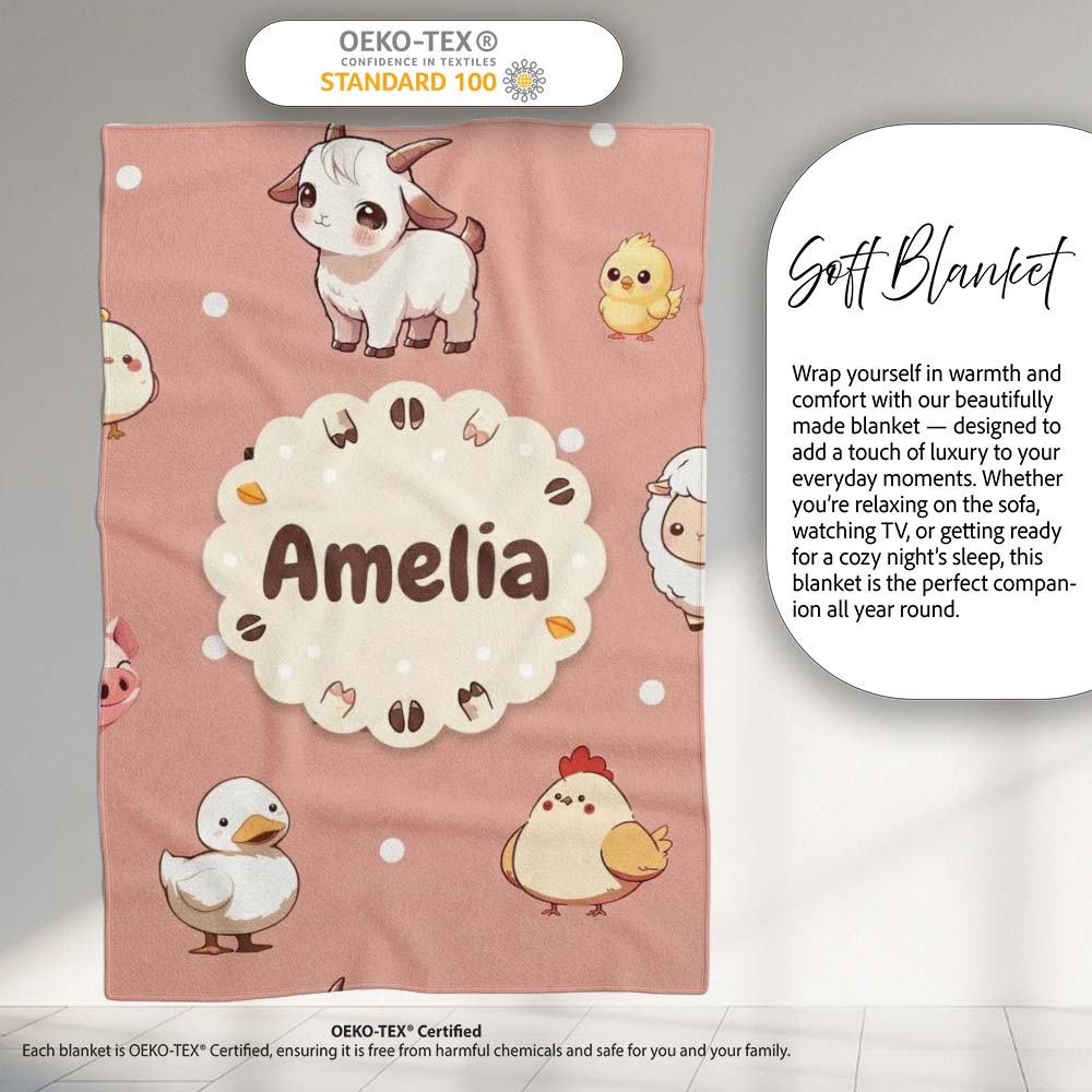 Cute Farm Animals Cow Goat Pig Chicken Peach Seamless Pattern Name  Personalised Custom Name Super Soft Fleece Blanket Bed Sofa Throw