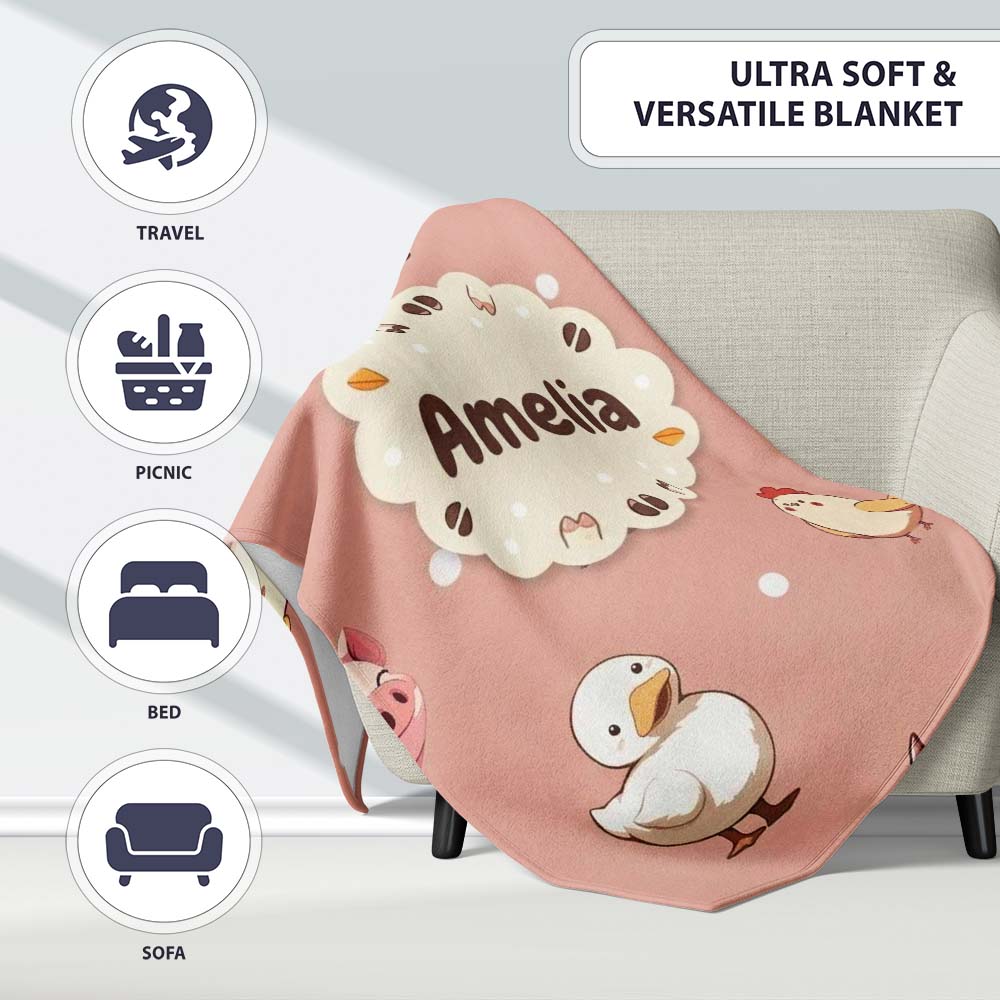 Cute Farm Animals Cow Goat Pig Chicken Peach Seamless Pattern Name  Personalised Custom Name Super Soft Fleece Blanket Bed Sofa Throw
