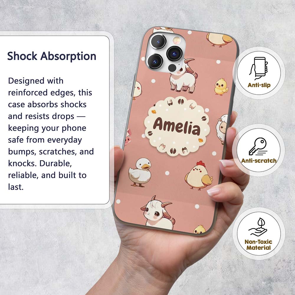 Cute Farm Animals Cow Goat Pig Chicken Peach Custom Name Protective Phone Case Mobile Cover Durable Everyday Smartphone Shock Resistant