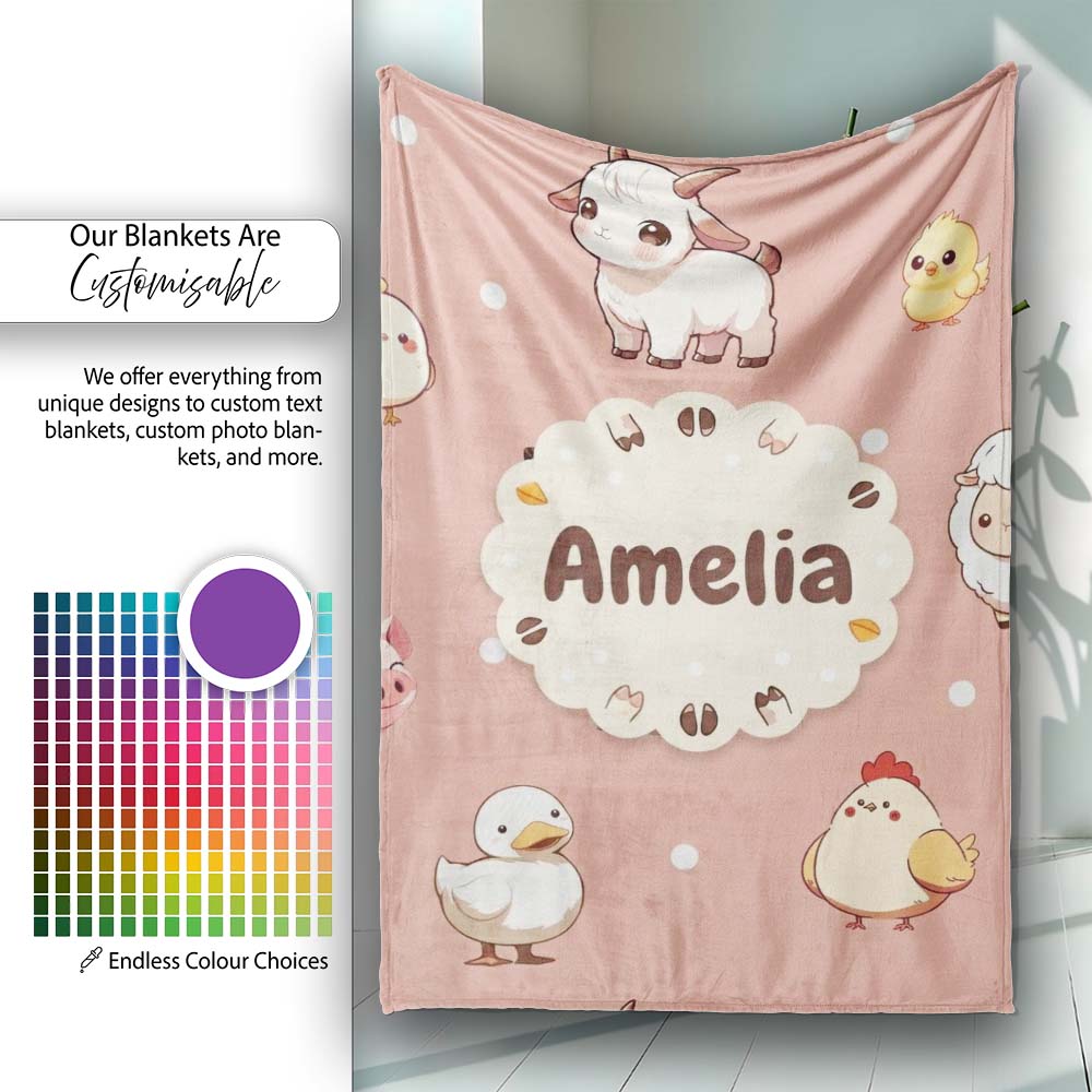 Cute Farm Animals Cow Goat Pig Chicken Peach Seamless Pattern Name  Personalised Custom Name Super Soft Fleece Blanket Bed Sofa Throw