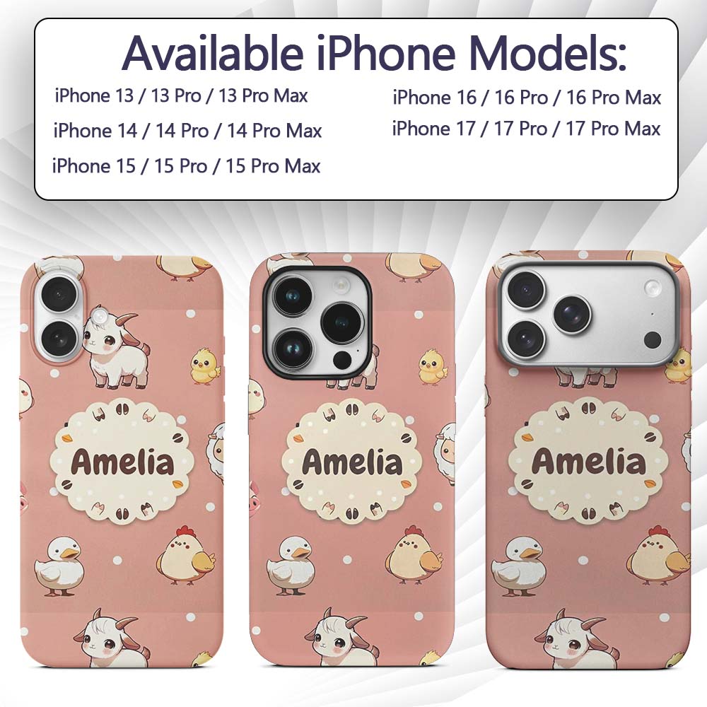 Cute Farm Animals Cow Goat Pig Chicken Peach Custom Name Protective Phone Case Mobile Cover Durable Everyday Smartphone Shock Resistant