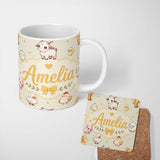 Personalized Custom Name Cute Farm Animals Cow Goat Pig Chicken Cream Seamless Pattern Name 11oz Ceramic Coffee Tea Mug White Large Handle