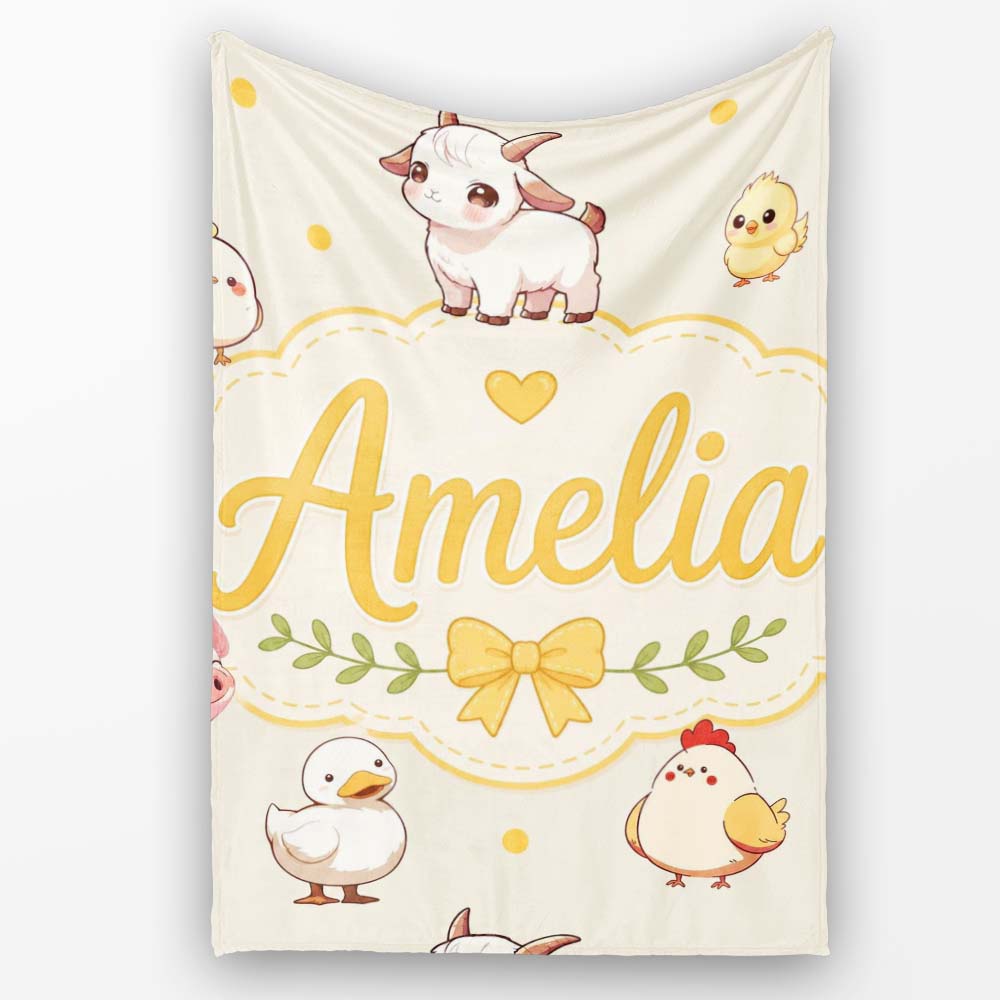 Cute Farm Animals Cow Goat Pig Chicken Cream Seamless Pattern Name  Personalised Custom Name Super Soft Fleece Blanket Bed Sofa Throw