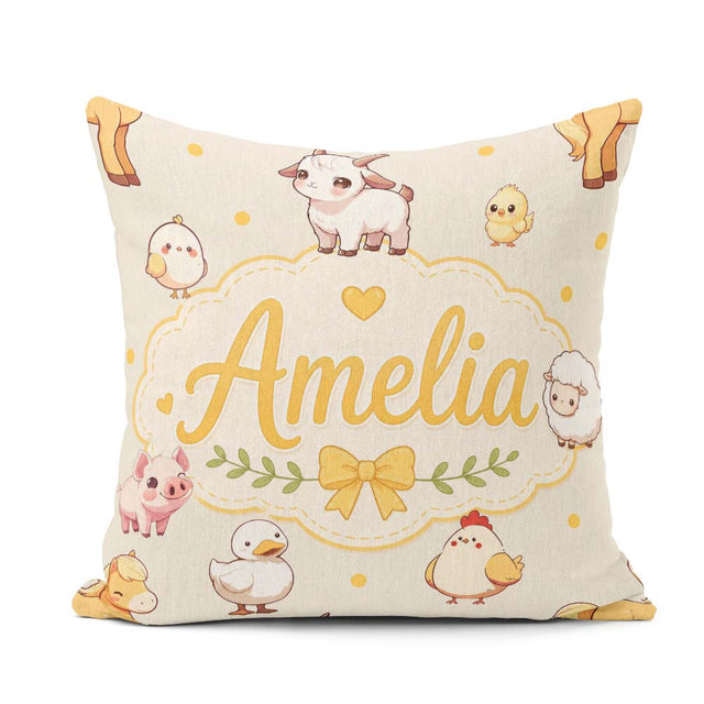 Custom Name Farm Animals Cow Goat Pig Chicken Cream Pattern Name Square Filled Cushion Throw Pillow Sofa Bed Home Decor Zip Washable UK Made