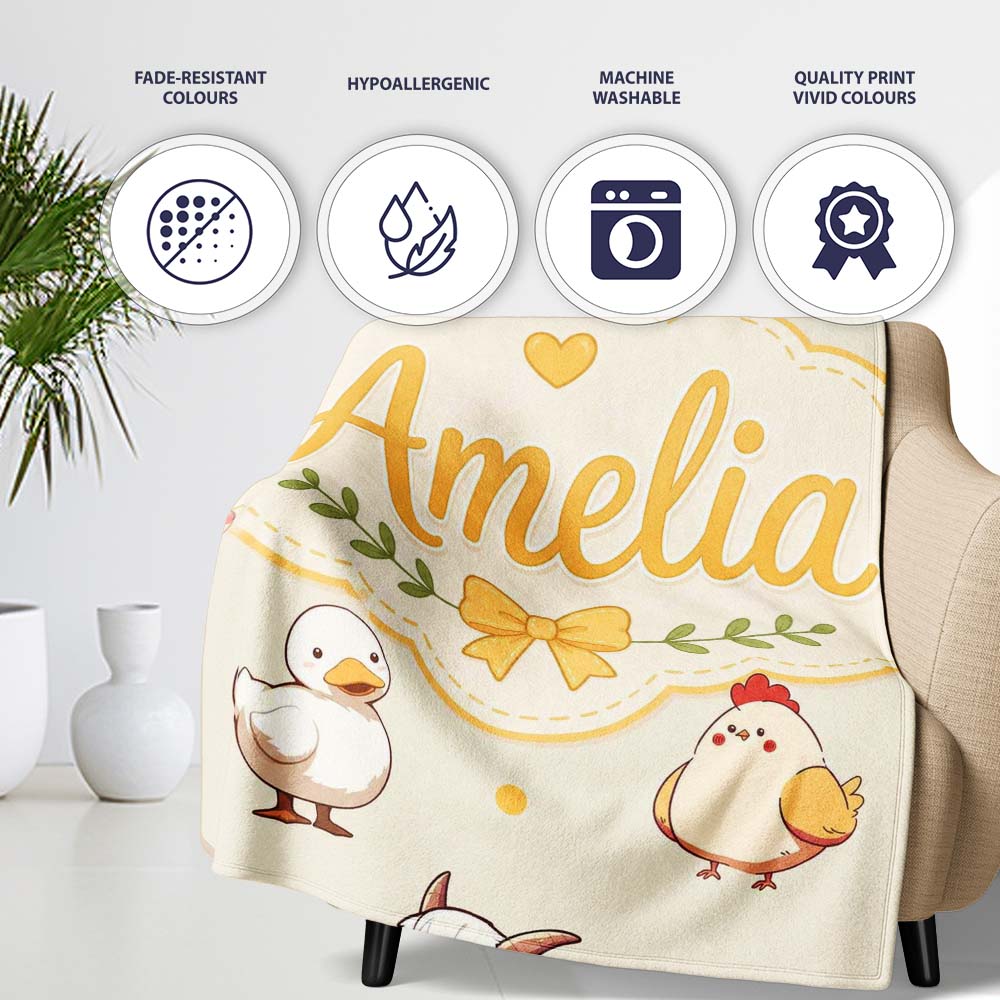 Cute Farm Animals Cow Goat Pig Chicken Cream Seamless Pattern Name  Personalised Custom Name Super Soft Fleece Blanket Bed Sofa Throw