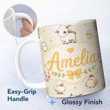 Personalized Custom Name Cute Farm Animals Cow Goat Pig Chicken Cream Seamless Pattern Name 11oz Ceramic Coffee Tea Mug White Large Handle