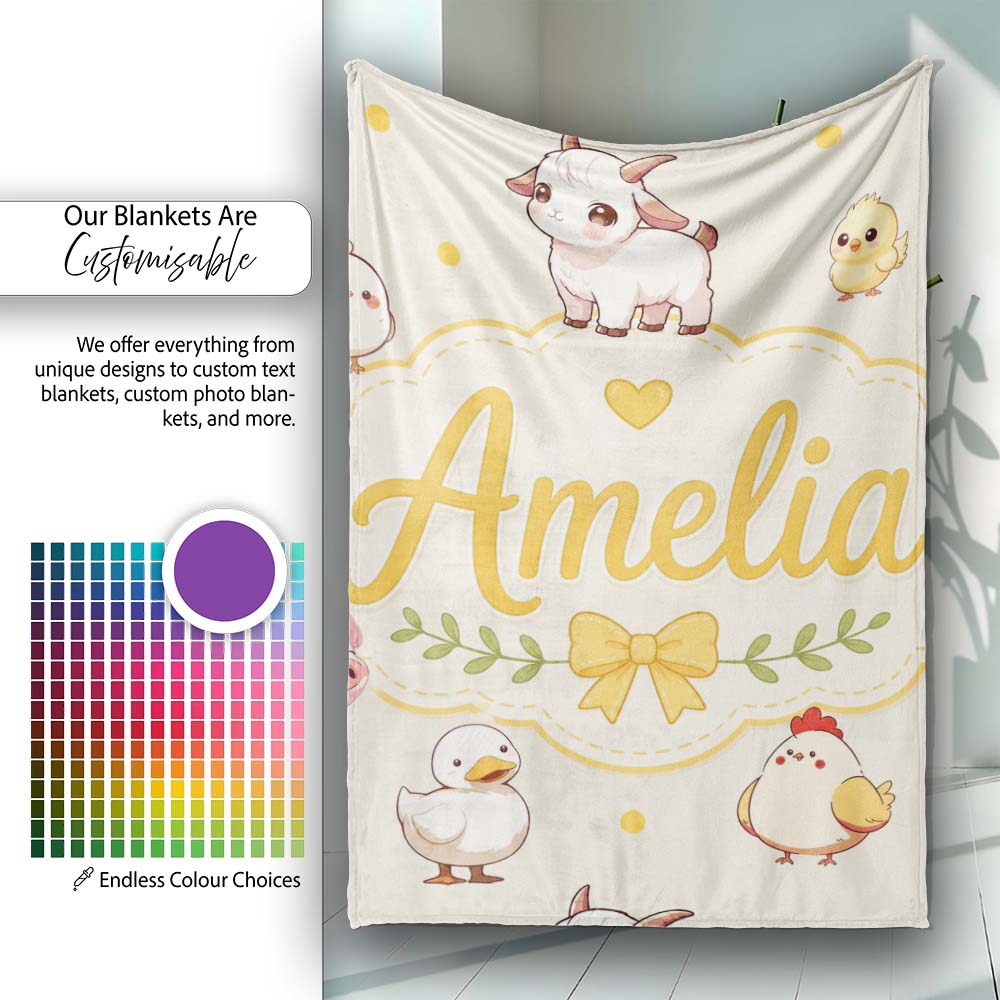 Cute Farm Animals Cow Goat Pig Chicken Cream Seamless Pattern Name  Personalised Custom Name Super Soft Fleece Blanket Bed Sofa Throw