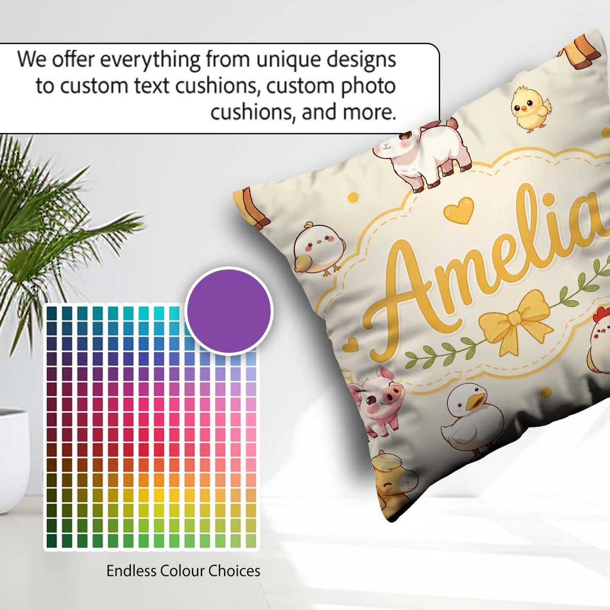 Custom Name Farm Animals Cow Goat Pig Chicken Cream Pattern Name Square Filled Cushion Throw Pillow Sofa Bed Home Decor Zip Washable UK Made