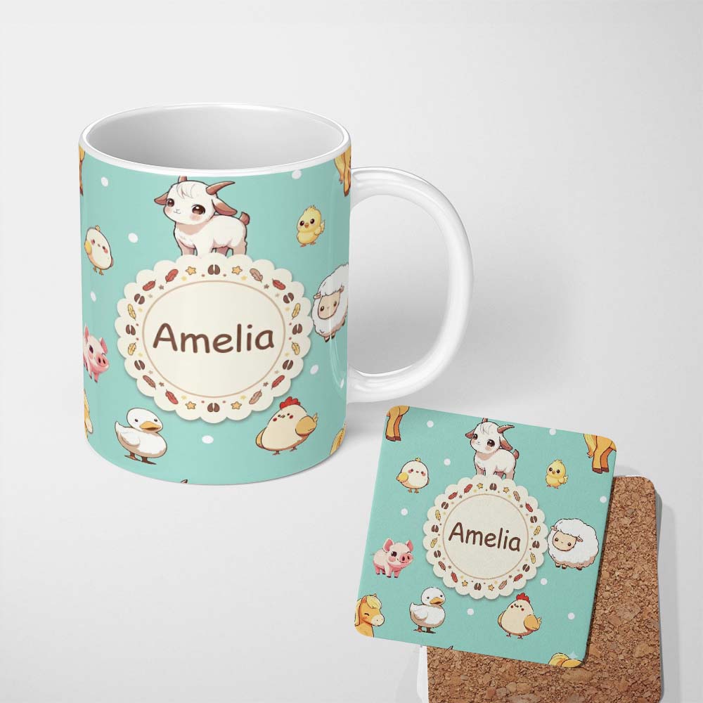 Personalized Custom Name Cute Farm Animals Cow Goat Pig Chicken Mint Seamless Pattern Name 11oz Ceramic Coffee Tea Mug White Large Handle