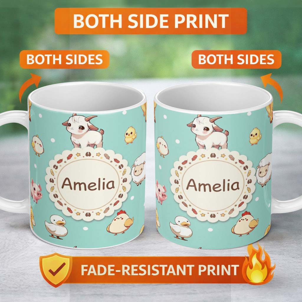 Personalized Custom Name Cute Farm Animals Cow Goat Pig Chicken Mint Seamless Pattern Name 11oz Ceramic Coffee Tea Mug White Large Handle