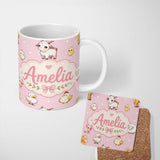 Personalized Custom Name Cute Farm Animals Cow Goat Pig Chicken Soft Pink Seamless Pattern 11oz Ceramic Coffee Tea Mug White Large Handle