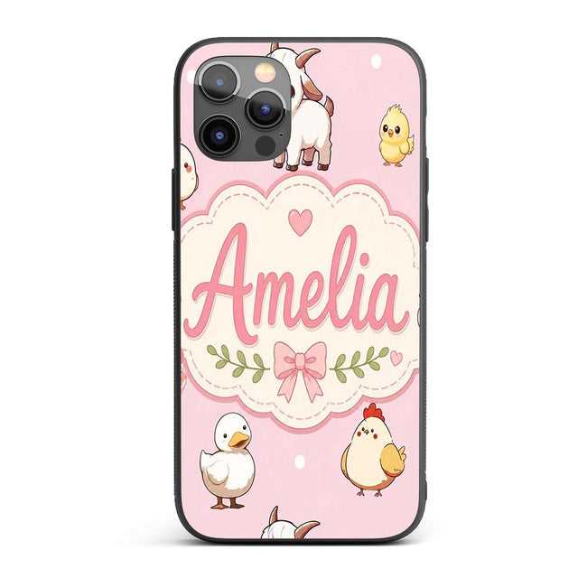 Cute Farm Animals Cow Goat Pig Chicken Soft Pink Custom Name Protective Phone Case Mobile Cover Durable Everyday Smartphone Shock Resistant