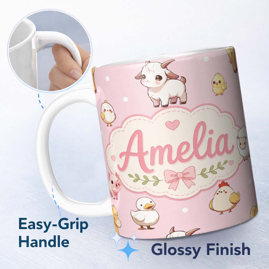 Personalized Custom Name Cute Farm Animals Cow Goat Pig Chicken Soft Pink Seamless Pattern 11oz Ceramic Coffee Tea Mug White Large Handle