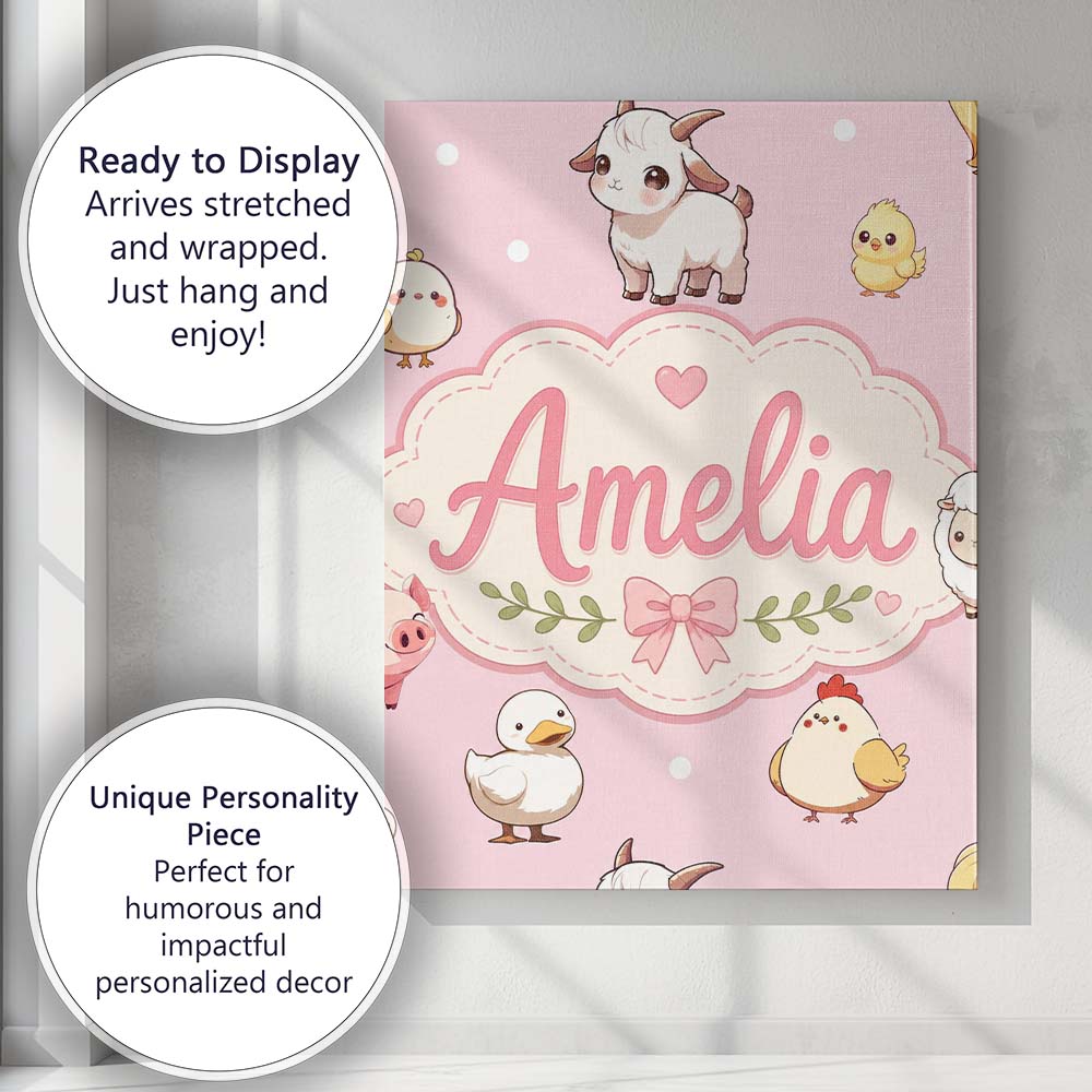 Personalised Name Cute Farm Animals Cow Custom  Modern Room Accent Elegant Feature Canvas Wall Art Print Decor Picture Ready to Hang