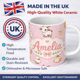 Personalized Custom Name Cute Farm Animals Cow Goat Pig Chicken Soft Pink Seamless Pattern 11oz Ceramic Coffee Tea Mug White Large Handle