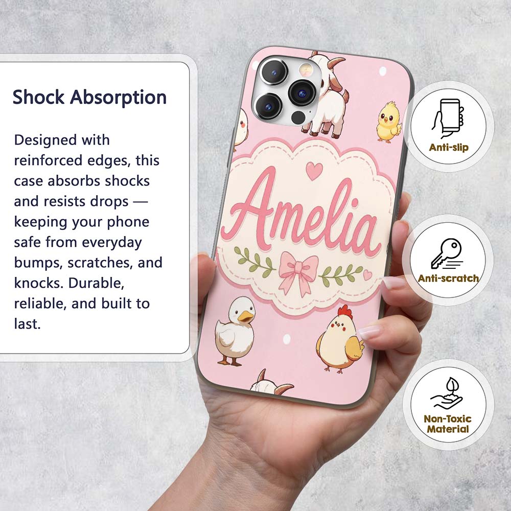 Cute Farm Animals Cow Goat Pig Chicken Soft Pink Custom Name Protective Phone Case Mobile Cover Durable Everyday Smartphone Shock Resistant