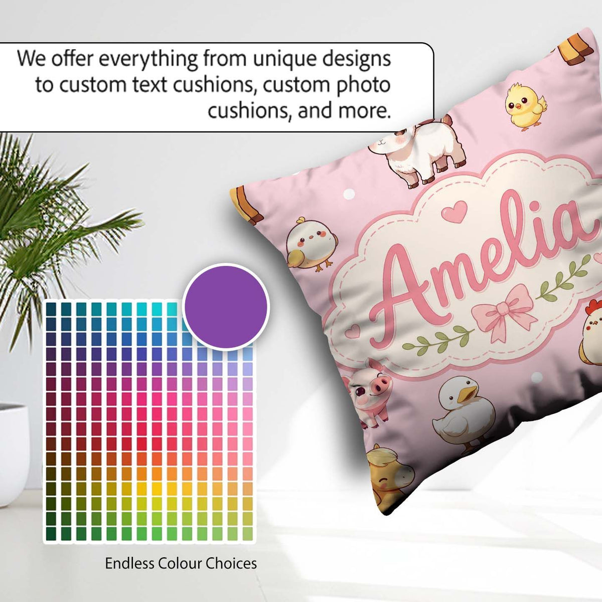 Custom Name Farm Animals Cow Goat Pig Chicken Soft Pink Seamless Square Filled Cushion Throw Pillow Sofa Bed Home Decor Zip Washable UK Made