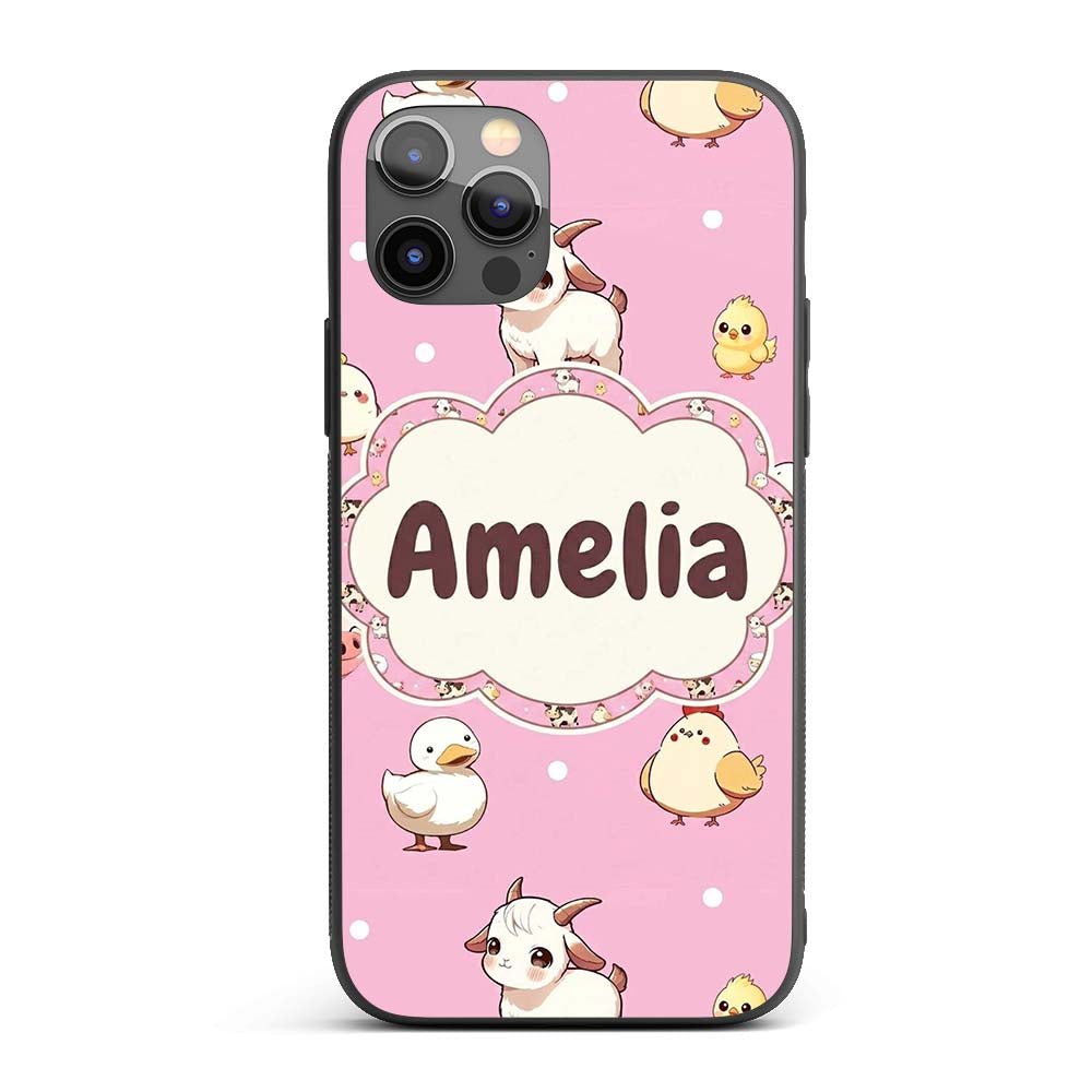 Cute Farm Animals Cow Goat Pig Chicken Rose Pink Custom Name Protective Phone Case Mobile Cover Durable Everyday Smartphone Shock Resistant