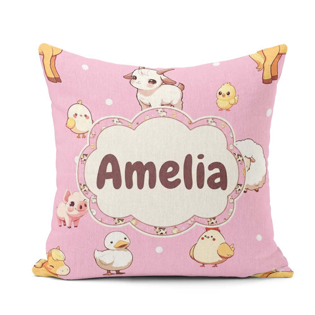 Custom Name Farm Animals Cow Goat Pig Chicken Rose Pink Seamless Square Filled Cushion Throw Pillow Sofa Bed Home Decor Zip Washable UK Made
