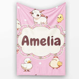 Cute Farm Animals Cow Goat Pig Chicken Rose Pink Seamless Pattern  Personalised Custom Name Super Soft Fleece Blanket Bed Sofa Throw