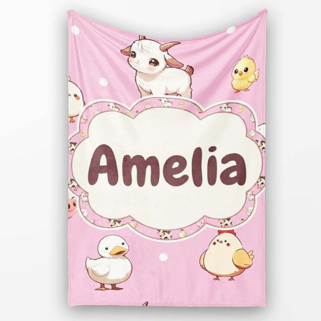 Cute Farm Animals Cow Goat Pig Chicken Rose Pink Seamless Pattern  Personalised Custom Name Super Soft Fleece Blanket Bed Sofa Throw
