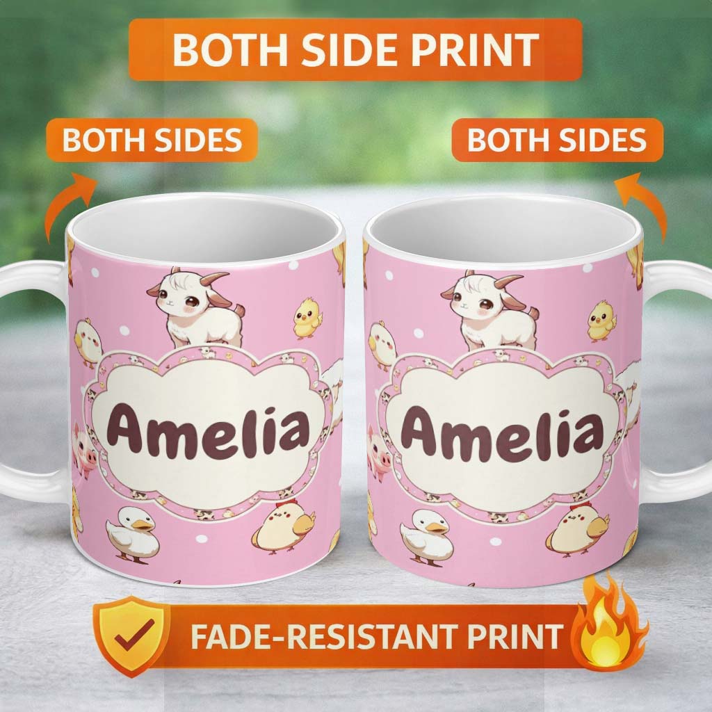 Personalized Custom Name Cute Farm Animals Cow Goat Pig Chicken Rose Pink Seamless Pattern 11oz Ceramic Coffee Tea Mug White Large Handle