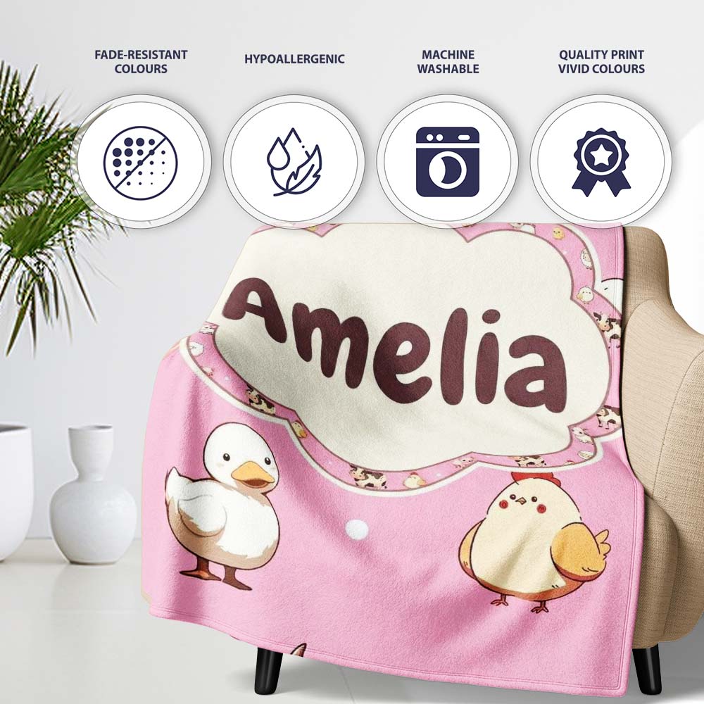 Cute Farm Animals Cow Goat Pig Chicken Rose Pink Seamless Pattern  Personalised Custom Name Super Soft Fleece Blanket Bed Sofa Throw