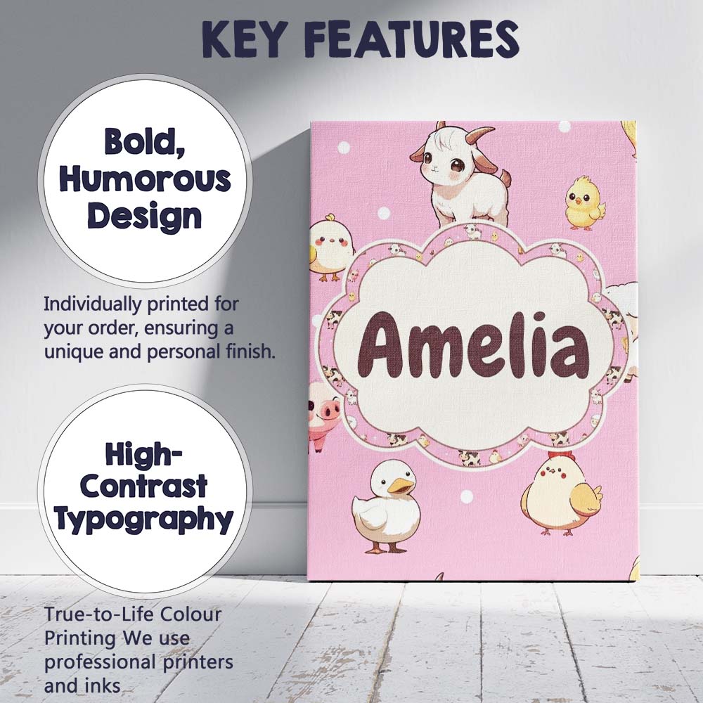 Personalised Name Cute Farm Animals Cow Custom  Modern Room Accent Elegant Feature Canvas Wall Art Print Decor Picture Ready to Hang