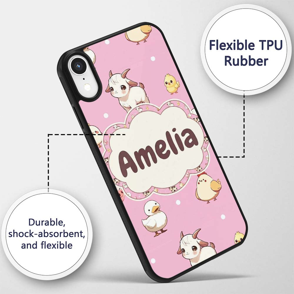 Cute Farm Animals Cow Goat Pig Chicken Rose Pink Custom Name Protective Phone Case Mobile Cover Durable Everyday Smartphone Shock Resistant