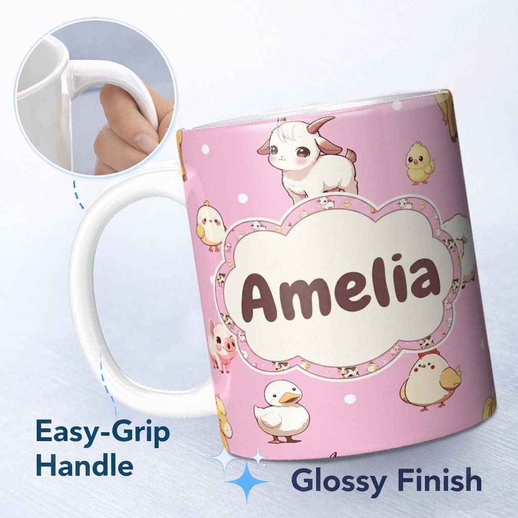 Personalized Custom Name Cute Farm Animals Cow Goat Pig Chicken Rose Pink Seamless Pattern 11oz Ceramic Coffee Tea Mug White Large Handle