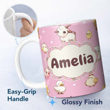 Personalized Custom Name Cute Farm Animals Cow Goat Pig Chicken Rose Pink Seamless Pattern 11oz Ceramic Coffee Tea Mug White Large Handle