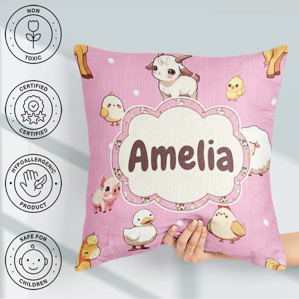 Custom Name Farm Animals Cow Goat Pig Chicken Rose Pink Seamless Square Filled Cushion Throw Pillow Sofa Bed Home Decor Zip Washable UK Made