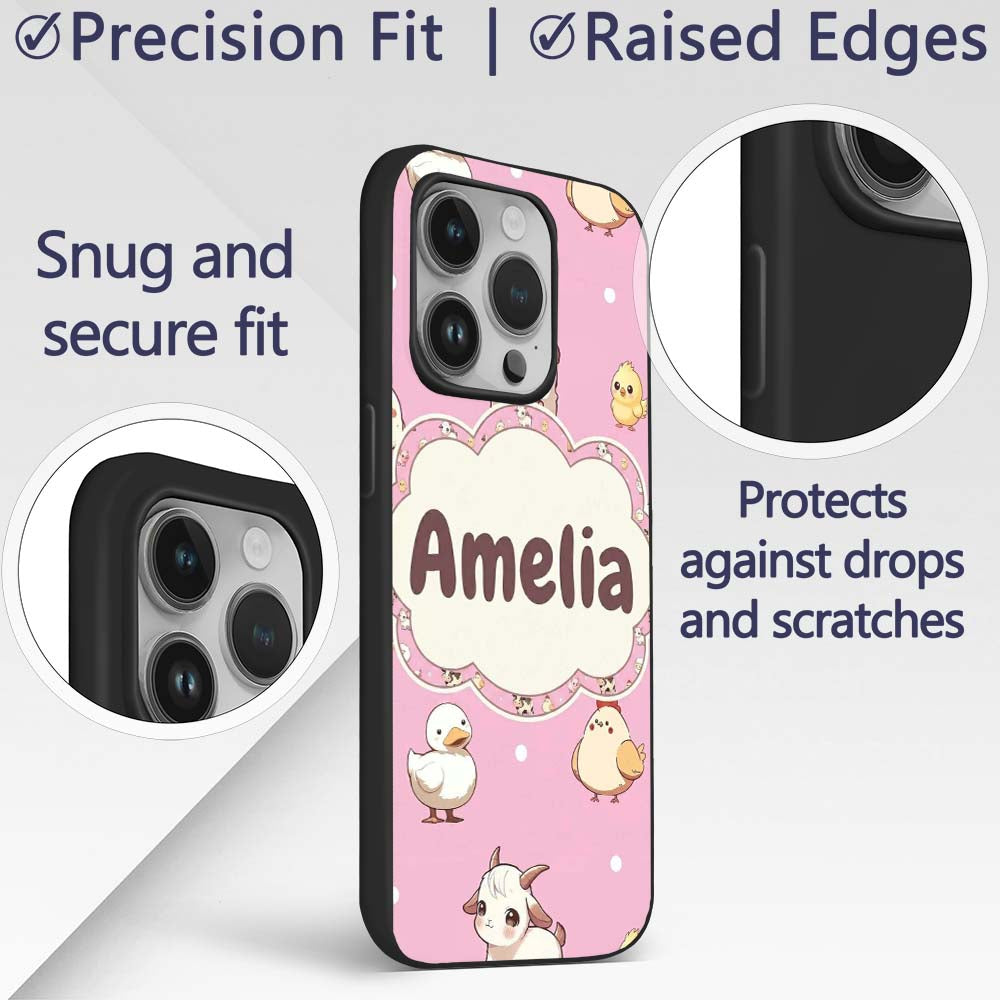 Cute Farm Animals Cow Goat Pig Chicken Rose Pink Custom Name Protective Phone Case Mobile Cover Durable Everyday Smartphone Shock Resistant