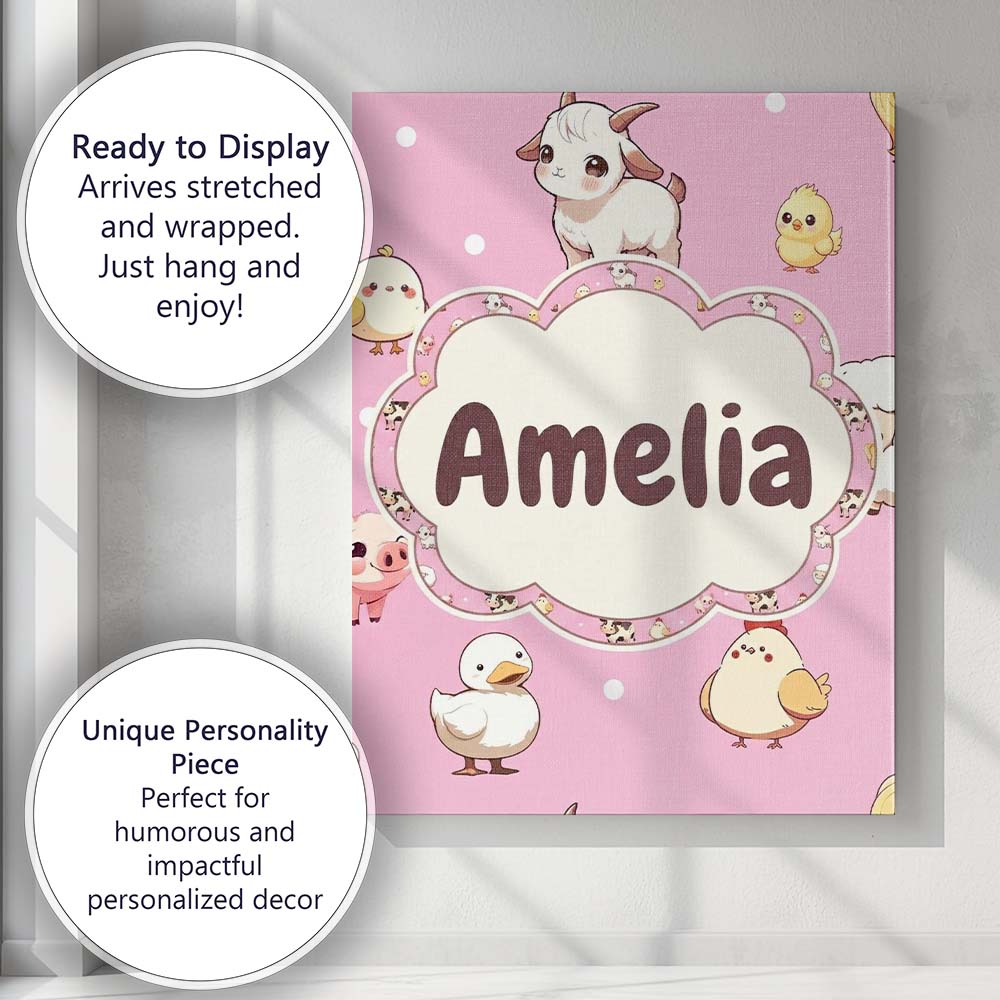 Personalised Name Cute Farm Animals Cow Custom  Modern Room Accent Elegant Feature Canvas Wall Art Print Decor Picture Ready to Hang