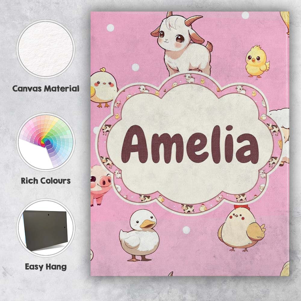 Personalised Name Cute Farm Animals Cow Custom  Modern Room Accent Elegant Feature Canvas Wall Art Print Decor Picture Ready to Hang