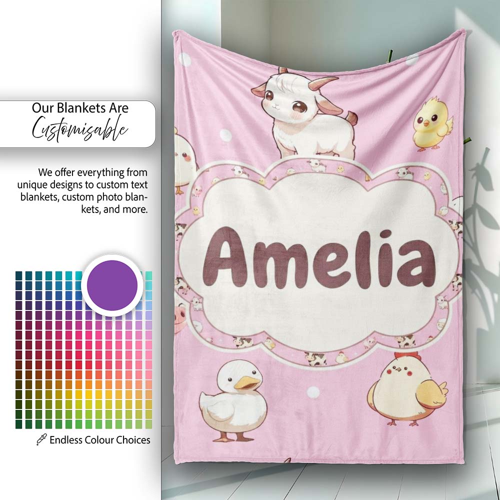 Cute Farm Animals Cow Goat Pig Chicken Rose Pink Seamless Pattern  Personalised Custom Name Super Soft Fleece Blanket Bed Sofa Throw