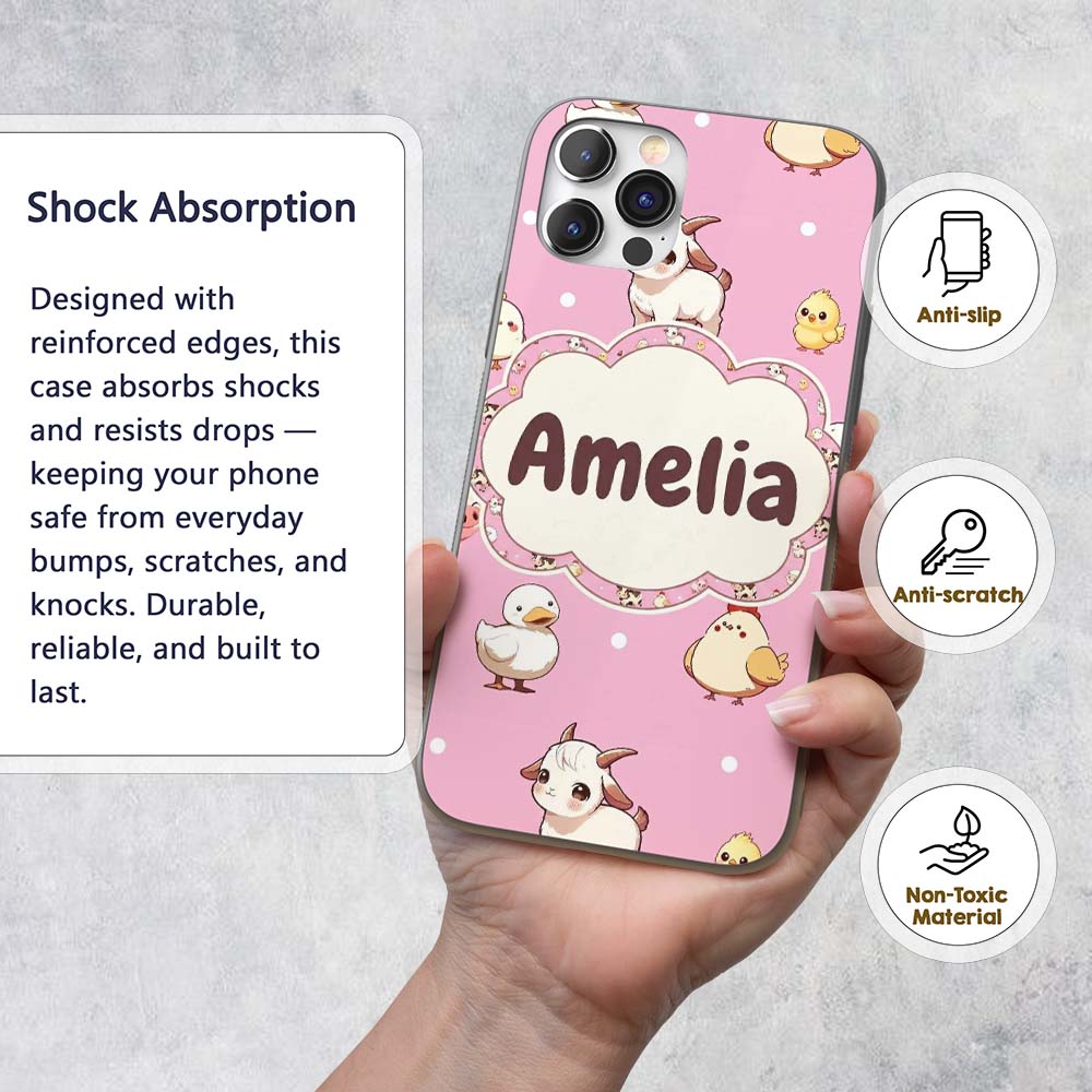 Cute Farm Animals Cow Goat Pig Chicken Rose Pink Custom Name Protective Phone Case Mobile Cover Durable Everyday Smartphone Shock Resistant